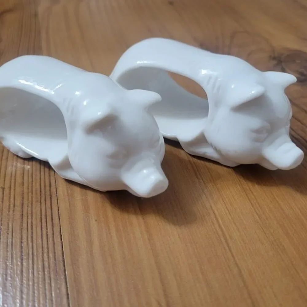 Vintage White Ceramic Pig Napkin Rings - Two